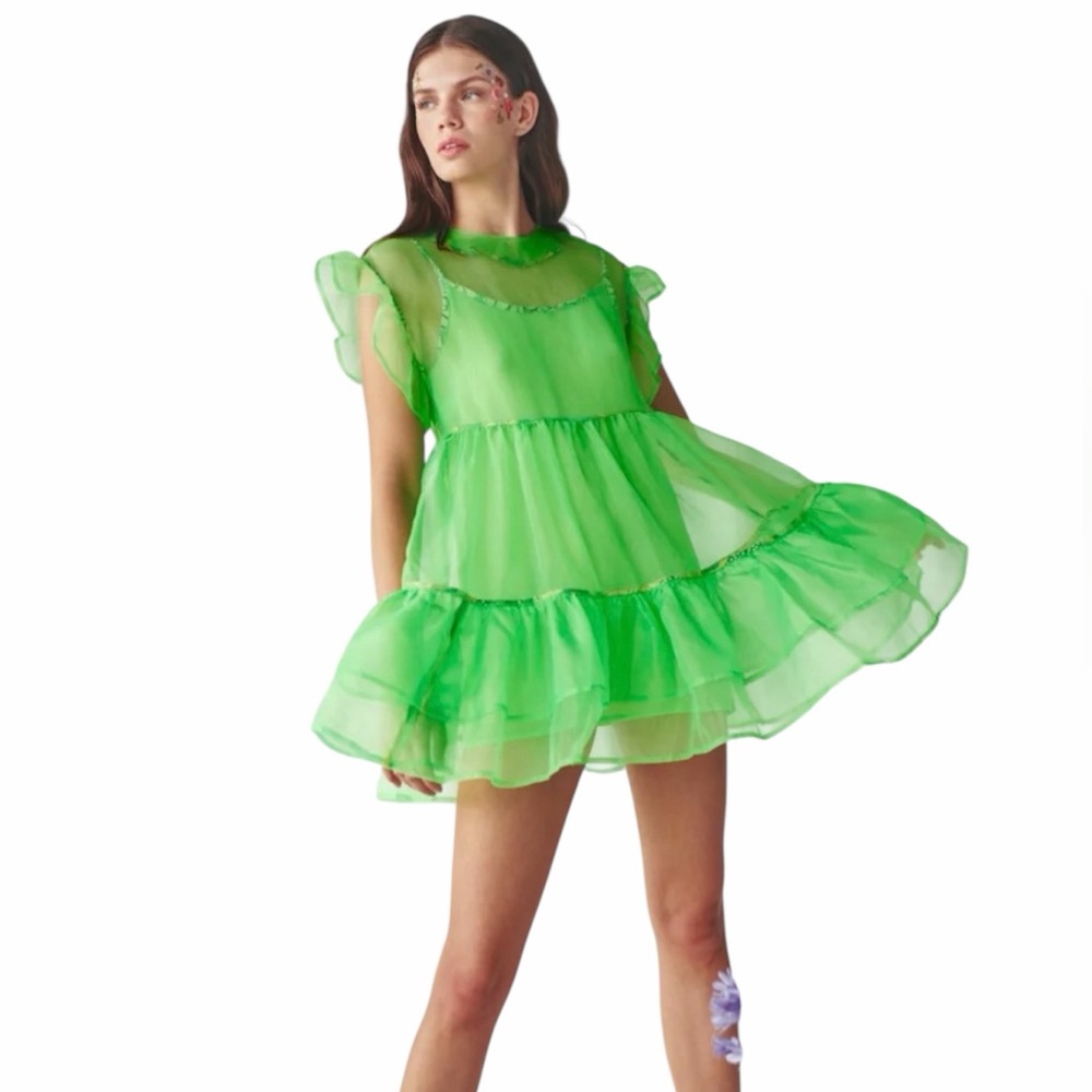 CELIA B Clementina Silk Dress Neon Green Sheer Ruffled Mini Dress | NWT SIZE M